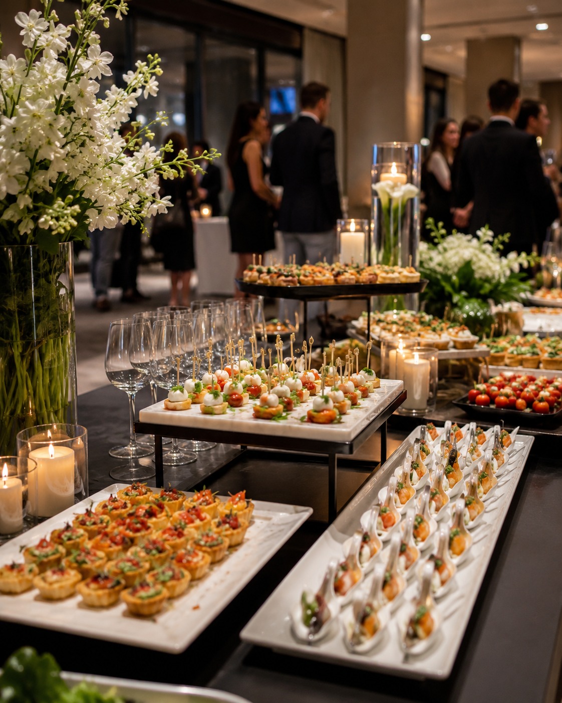 Catered evening reception with trays of hors doeuvres
