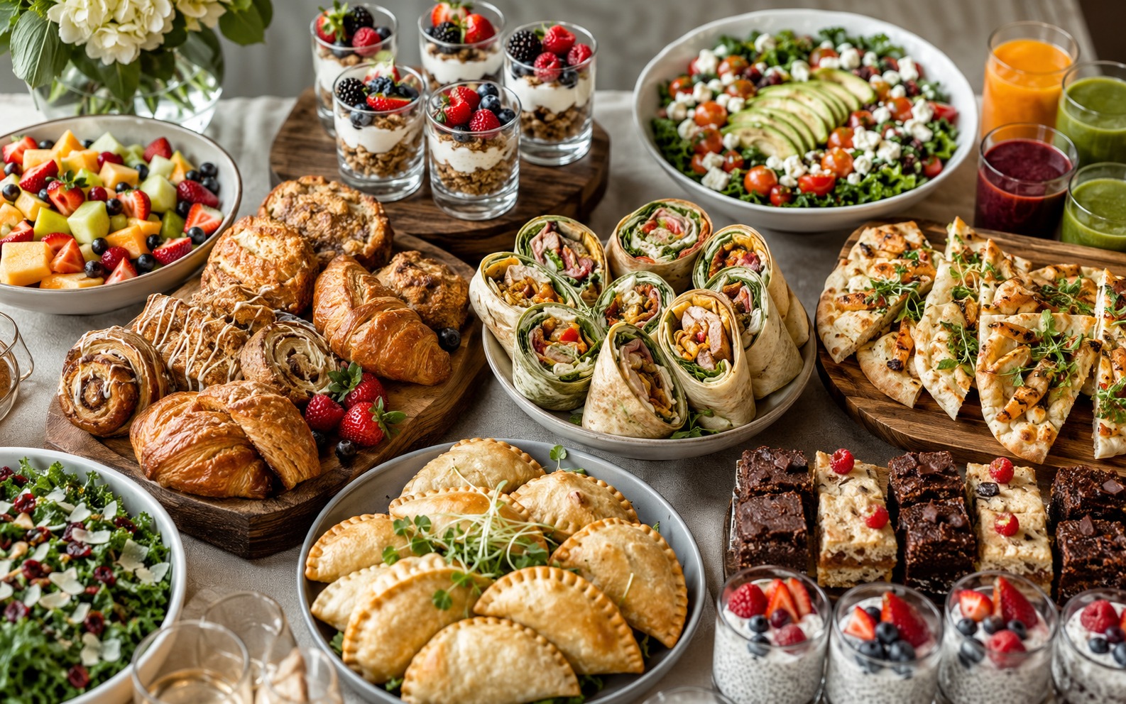 Curated Riverstone menu spread featuring wraps, salads, pastries and desserts