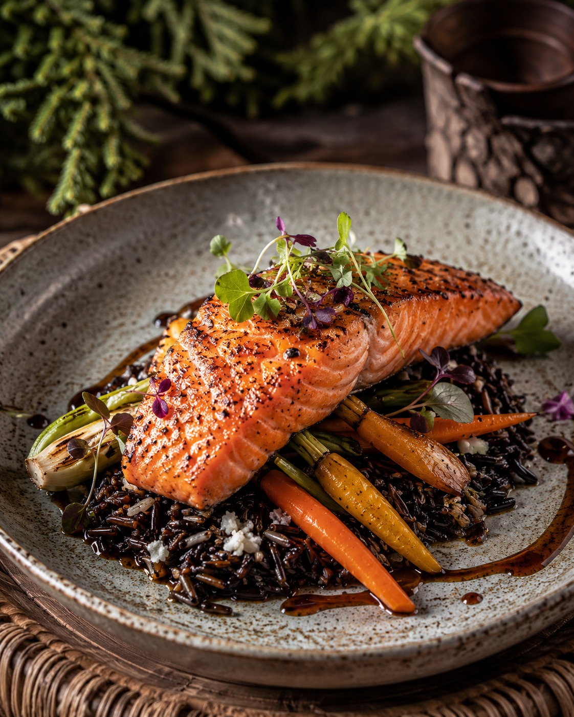 Beautifully plated salmon dish with herbs and berries